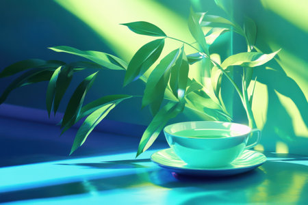 Softly glowing tea leaves in surreal hues create a captivating atmosphere, enhancing the modern aesthetic of the setting and inviting tranquility.の素材