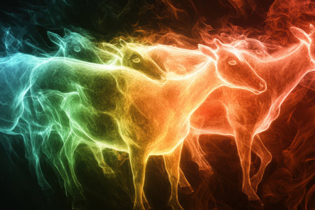 Farm animals are depicted in a surreal manner with glowing outlines and vibrant gradients, creating a dreamlike feeling of movement and fantasy.の素材