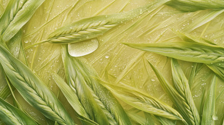 Dewdrop rests delicately on a fresh green wheat leaf, capturing soft natural light and high-detail reflections, surrounded by a soothing blurred background.の素材