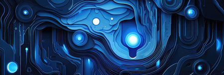 This artwork features a high-tech blockchain concept, showing interconnected network nodes and layers of glowing blue paper in a futuristic digital design.の素材