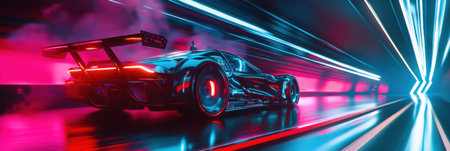 A futuristic race car blazes through a neon-lit tunnel, leaving a trail of vibrant gasoline smoke in a high-tech cyberpunk world filled with dynamic lights.の素材