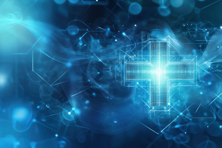 Vibrant waveforms intertwine in a cosmic blue and white gradient, forming a modern cross-shaped medical symbol against an abstract background.の素材