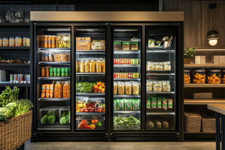 Stylish refrigerator features transparent glass doors displaying neatly arranged fresh groceries.の素材