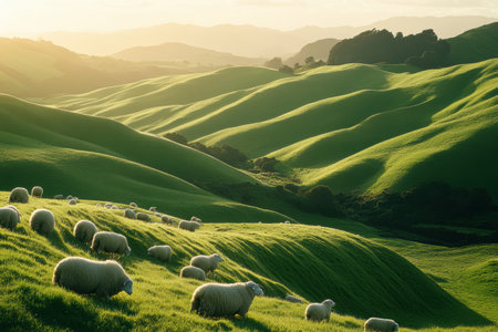 Flock of sheep grazes peacefully across vibrant green hills, illuminated by soft morning light, capturing the tranquil beauty of rural life at dawn.の素材