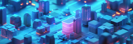 Futuristic network visual featuring interconnected nodes, glowing blue gradients, and a modern digital technology design.の素材