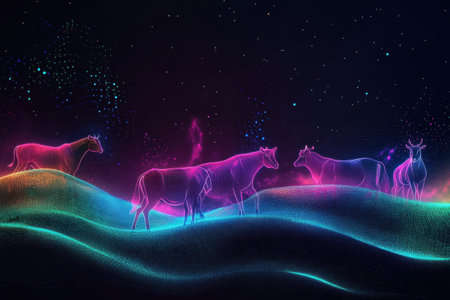 Farm animals are depicted in a surreal landscape filled with glowing outlines and vibrant gradients, creating a dreamlike atmosphere under a starry sky.の素材