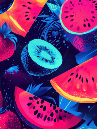 Colorful neon fruit illustrations create a striking pop-art background with high contrast against a dark backdrop, highlighting vibrant shades and textures.の素材