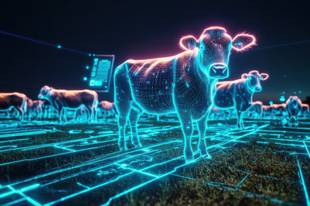 In a smart farm, cows and sheep with biometric sensors roam freely, while holographic displays show real-time health data.の素材