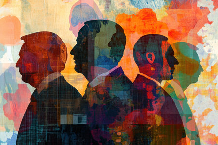 Silhouettes of world leaders blend with vibrant abstract patterns, showcasing a striking visual of political dynamics.の素材