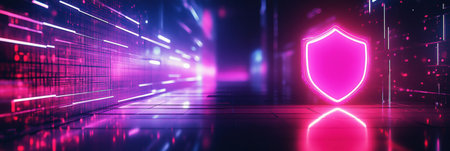 A glowing shield symbol stands prominently against a backdrop of soft neon lights, representing a digital safety aesthetic and futuristic security concepts.の素材
