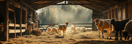 Premium cows and goats graze peacefully in an organic farm setting, illuminated by soft early morning light filtering through a rustic barn.の素材