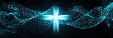 This design showcases a high-tech medical symbol merging with glowing waveforms set against a futuristic blue and white gradient background.の素材