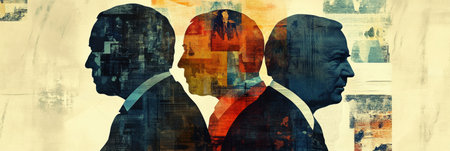 Silhouettes of world leaders blend with abstract patterns and vibrant colors, representing diverse political themes and ideologies.の素材