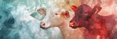 Collage showcases farm animals in soft colors with abstract mosaic style; a vibrant blend creates a serene and artistic atmosphereの素材