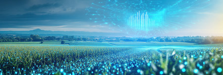 High-tech holographic display showcases crop yield data above lush farmland, combining digital elements and natural scenery in a futuristic visual experience.の素材