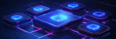 Futuristic digital design showcases a high-tech blockchain concept with interconnected network nodes and glowing blue paper layers in a layered cut style.の素材