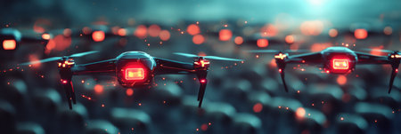 Drones equipped with digital sensors survey a herd of cows on a modern farm, showing advanced agricultural technology and management systems.の素材