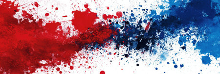 Vibrant red, white, and blue paint splashes create an energetic abstract background, representing national pride and democracy in a creative environment.の素材