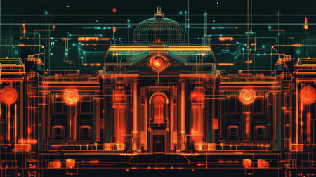 Futuristic digital design showcases a government building in abstract patterns with glowing neon elements, reflecting a cyberpunk-inspired political atmosphere.の素材