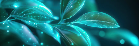 Tea leaves illuminated with a soft glow, showcasing a blend of surreal green and blue hues that create a modern and sleek atmosphere.の素材