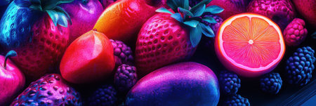 Stylized neon fruits arranged dynamically against a high contrast background, featuring vivid blues and pinks that create an eye-catching pop-art effectの素材