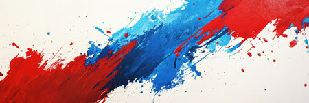 Vibrant red, white, and blue splashes create an abstract background reflecting energy, national pride, and the spirit of democracy.の素材