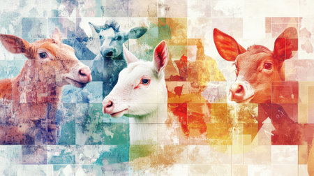 A colorful mosaic background showcases various farm animals, featuring soft gradients and artistic textures that blend harmoniously together.の素材