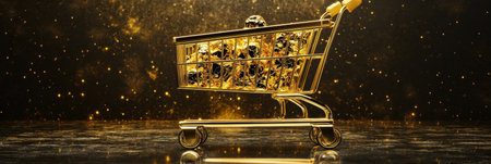 A golden grocery cart filled with exquisite items stands out against a rich black and gold backdrop, exemplifying luxury and sophistication.の素材
