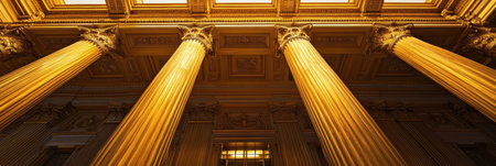 Grand golden columns adorn a prestigious government building, featuring elegant lighting and stunning political aesthetics at dusk.の素材