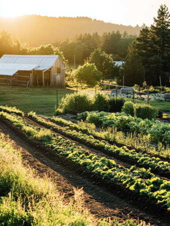 Fresh organic produce is being prepared for delivery amid a vibrant farm landscape bathed in warm sunlight, showing natures beauty and tranquility.の素材