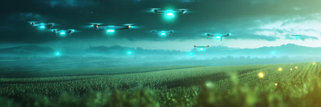 A fleet of advanced drone hovers above a lush agricultural field, utilizing glowing digital sensors to scan the crops during twilight.の素材