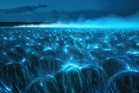 A glowing wheat field radiates bioluminescent energy as soft mist flows over the horizon, creating an enchanting and dreamlike atmosphere at dusk.の素材