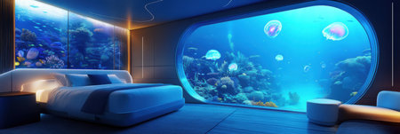 Experience luxury in an underwater hotel room with stunning views of glowing jellyfish and vibrant fish outside expansive glass walls.の素材