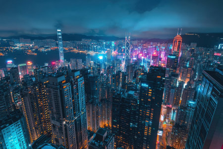 Panoramic view captures a skyline filled with skyscrapers, where bright neon lights reflect energy and excitement in bustling streets below during nighttime.の素材