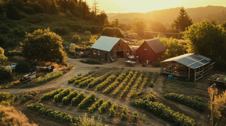 Fresh organic produce is being prepared for delivery in a vibrant farm landscape under warm sunlight, showing the beauty of nature at sunset.の素材