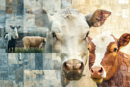 Collage art combines various farm animals in an abstract mosaic style, showing soft color gradients and textured details for a unique aesthetic appeal.の素材