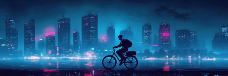 A grocery courier rides a bicycle through a high-tech city skyline, illuminating the scene with smooth lighting as evening falls.の素材