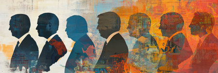 Silhouettes of world leaders intermingle with vibrant, abstract patterns and colors, creating a striking political commentary through layered art.の素材