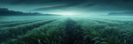 Wheat field illuminated by bioluminescent energy creates a dreamlike mood with soft mist rolling in at dawn, enhancing the surreal atmosphere of the landscape.の素材