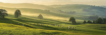 Sheep move gracefully across lush green hills, bathed in soft morning light, enhancing the tranquil beauty of the rural landscape with cinematic depth.の素材