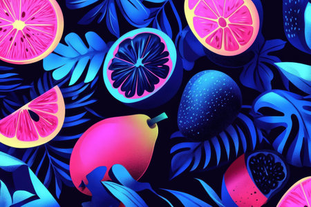Neon fruits atop bold foliage create a vivid pop-art look with electric blue and pink that captivates and inspires creativity.の素材