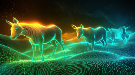 Glowing outlines of farm animals create a surreal atmosphere over smooth gradients in a magical landscape, inviting imagination at twilight.の素材