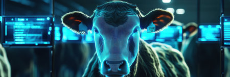 High-tech farming incorporates cows and sheep equipped with biometric sensors, showing holographic data displays in a modern, sustainable setting.の素材