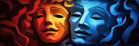 Stunning representation of drama with layered paper cut masks embodying comedy and tragedy, enriched by deep shadows and dynamic lighting effects.の素材