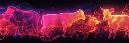 Farm animals are outlined by glowing energy, creating a surreal and dreamlike atmosphere with smooth gradients and vibrant colors in a mystical setting.の素材