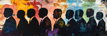 Silhouettes of world leaders are layered against vibrant abstract patterns, reflecting deep political themes and contemporary artistic expression.の素材