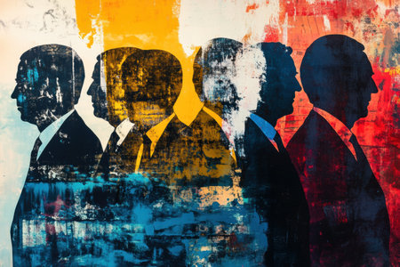 Silhouettes of world leaders are layered over abstract patterns, creating a striking visual representation of politics in a vibrant, expressive style.の素材