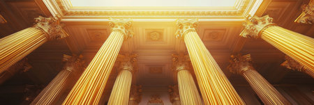 The interior showcases impressive golden columns supporting an ornate ceiling, illuminated by soft lighting, creating an atmosphere of grandeur and prestige.の素材