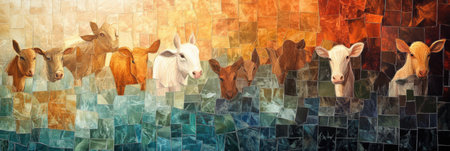 Collage artwork showcases a variety of farm animals against a colorful backdrop, combining soft gradients and textured details for a unique artistic experience.の素材