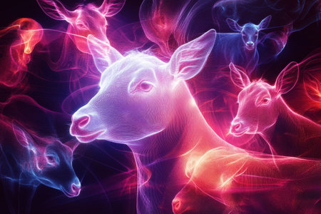 A captivating display of farm animals outlined by vibrant energy flows, merging colors and shapes to create a surreal, dreamlike ambiance.の素材